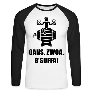 Oans, Zwoa, G’Suffa! (Bier Trinker Auf Bierfass) - Unisex Baseballshirt langarm - Weiß/Schwarz - Vorne - Nik (191cm)