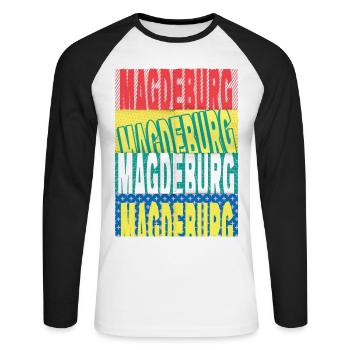 Magdeburg Deutschland Stadt Schrift Skyline - Unisex Baseballshirt langarm - Weiß/Schwarz - Vorne - Nik (191cm)
