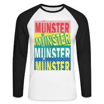 Münster Deutschland Stadt Schrift Skyline - Unisex Baseballshirt langarm - Weiß/Schwarz - Vorne - Nik (191cm)