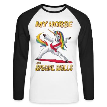 Funny Horse Unicorn Animal Love Equestrian Sport Motif - Unisex Long Sleeve Baseball T-Shirt - white/black - Front - Nik (191cm)