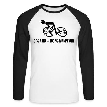 0 % Akku – 100 % Manpower (Fahrrad / Rennrad / B) - Unisex Baseballshirt langarm - Weiß/Schwarz - Vorne - Nik (191cm)