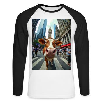 Lustiges Kuh Selfie in der Stadt - Unisex Baseballshirt langarm - Weiß/Schwarz - Vorne - Nik (191cm)