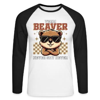 TEAM BEAVER - SAG NIEMALS NIE - Unisex Baseballshirt langarm - Weiß/Schwarz - Vorne - Nik (191cm)