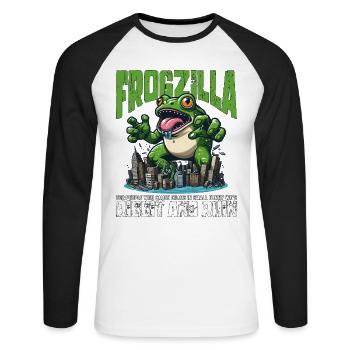 RIBBIT UND RUINE - FROGZILLA - Unisex Baseballshirt langarm - Weiß/Schwarz - Vorne - Nik (191cm)