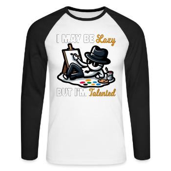 JE SUIS PEUT-ÊTRE PARESSEUX, MAIS J’AI DU TALENT - T-shirt baseball manches longues Homme - blanc/noir - Devant - Nik (191cm)