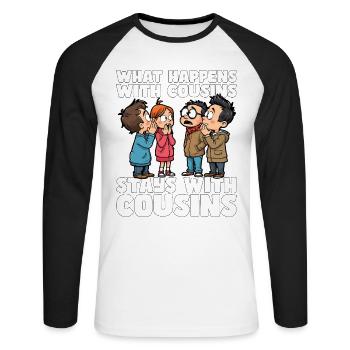 WAS MIT COUSINS UND COUSINEN PASSIERT, BLEIBT BEI COUSINS UND COUSINEN - Unisex Baseballshirt langarm - Weiß/Schwarz - Vorne - Nik (191cm)