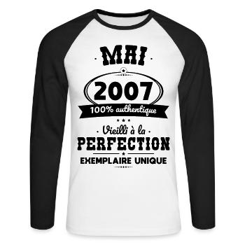 18th Birthday - May 2007 Perfection - Unisex Long Sleeve Baseball T-Shirt - white/black - Front - Nik (191cm)