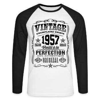 Vintage 1957 Cadeau Anniversaire 62 Ans - T-shirt baseball manches longues Homme - blanc/noir - Devant - Nik (191cm)