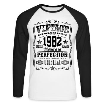 Vintage 1982 Cadeau Anniversaire 37 Ans - T-shirt baseball manches longues Homme - blanc/noir - Devant - Nik (191cm)