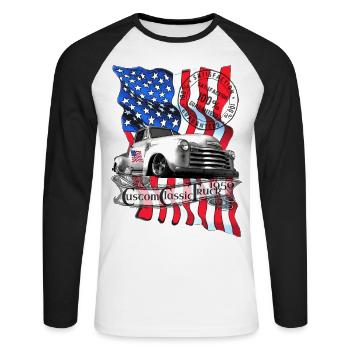 Drapeau USA 1950 camion classique vintage personnalisé - T-shirt baseball manches longues Homme - blanc/noir - Devant - Nik (191cm)