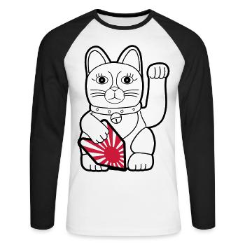 Maneki Neko "Rising Sun Flag" - Dark Contour - Unisex Baseballshirt langarm - Weiß/Schwarz - Vorne - Nik (191cm)