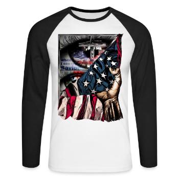 Conception pour les employés de l’église à l’américaine - T-shirt baseball manches longues Homme - blanc/noir - Devant - Nik (191cm)