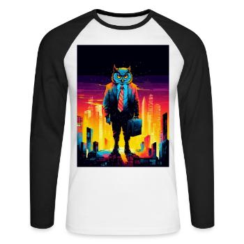Eule im Anzug City Skyline - Unisex Baseballshirt langarm - Weiß/Schwarz - Vorne - Nik (191cm)