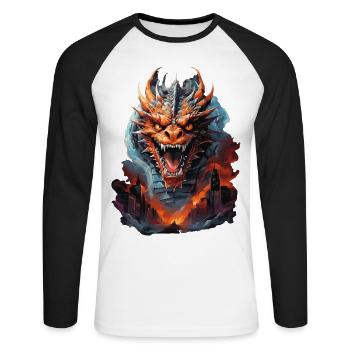 DRAGON MIDNIGHT BLAZE: STADT IN FLAMMEN UND VERWÜSTUNG - Unisex Baseballshirt langarm - Weiß/Schwarz - Vorne - Nik (191cm)