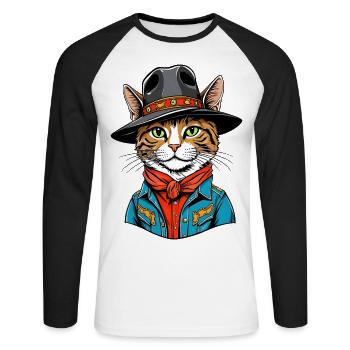 Chat mignon cow-boy - T-shirt baseball manches longues Homme - blanc/noir - Devant - Nik (191cm)