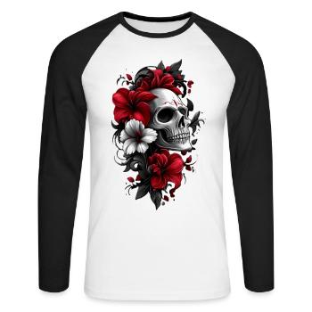 Crâne avec des fleurs - T-shirt baseball manches longues Homme - blanc/noir - Devant - Nik (191cm)