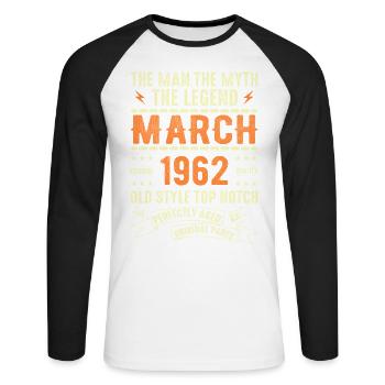 Mars 1962 Cadeau d’anniversaire Vintage Mars 1962 - T-shirt baseball manches longues Homme - blanc/noir - Devant - Nik (191cm)