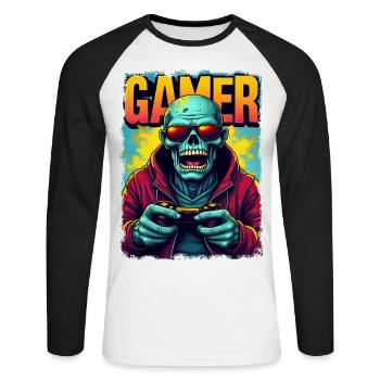 Zocker-Zombie mit Controller - Unisex Baseballshirt langarm - Weiß/Schwarz - Vorne - Nik (191cm)