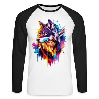 Wolf Wolfskopf Raubtier Wald Natur Wildnis Bunt - Unisex Baseballshirt langarm - Weiß/Schwarz - Vorne - Nik (191cm)
