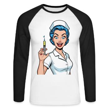 Verrückte Krankenschwester Comic Pop Art Spritze - Unisex Baseballshirt langarm - Weiß/Schwarz - Vorne - Nik (191cm)