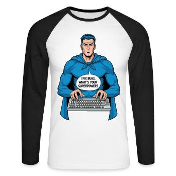 Super-héros : Je corrige des bugs ! - T-shirt baseball manches longues Homme - blanc/noir - Devant - Nik (191cm)