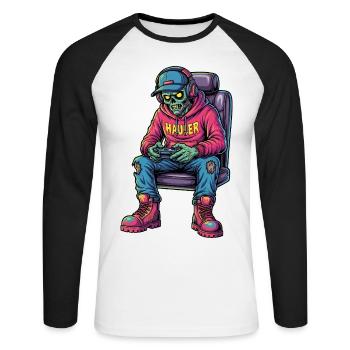Undead Gamer : Zombie Gamer Trucker - T-shirt baseball manches longues Homme - blanc/noir - Devant - Nik (191cm)