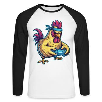 Gambling chicken: Gamer Hahn Power - Unisex Long Sleeve Baseball T-Shirt - white/black - Front - Nik (191cm)
