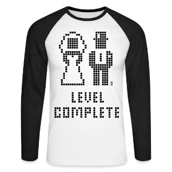 Niveau complet (Mariage / Enterrement de vie de garçon / Pixel / B) - T-shirt baseball manches longues Homme - blanc/noir - Devant - Nik (191cm)