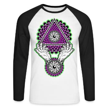 Neon Illuminati Pyramide neongrün - Schwarzlicht - Unisex Baseballshirt langarm - Weiß/Schwarz - Vorne - Nik (191cm)