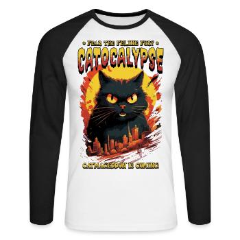 Cat Destroys Big City Angry Evil Art Modern - Unisex Long Sleeve Baseball T-Shirt - white/black - Front - Nik (191cm)