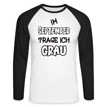 In september draag ik grijs, zeggende kleur grijs - Mannen baseballshirt lange mouw - wit/zwart - Voor - Nik (191cm)