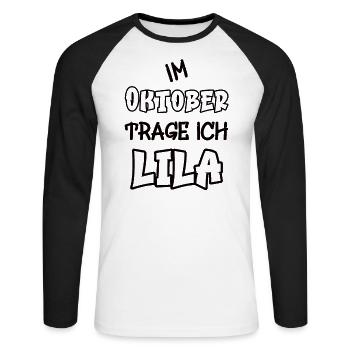 En octobre, je porte du violet en disant couleur violette - T-shirt baseball manches longues Homme - blanc/noir - Devant - Nik (191cm)