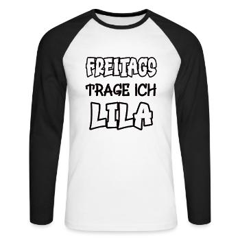 Le vendredi, je porte du violet en disant couleur violette - T-shirt baseball manches longues Homme - blanc/noir - Devant - Nik (191cm)