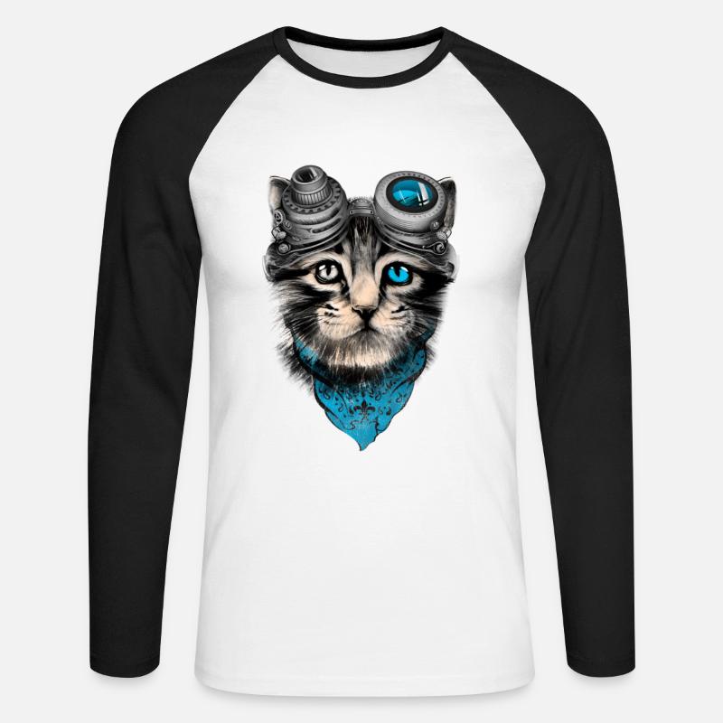 Steampunk-Katze - Unisex Baseballshirt langarm - Weiß/Schwarz