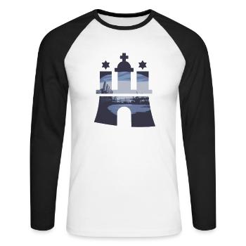 Hamburg Hafen Wappen Blau St.Pauli Landungsbrücken - Unisex Baseballshirt langarm - Weiß/Schwarz - Vorne - Nik (191cm)