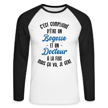 Bogosse et Docteur, Humour Cadeau Docteur - T-shirt baseball manches longues Homme - blanc/noir - Devant - Nik (191cm)