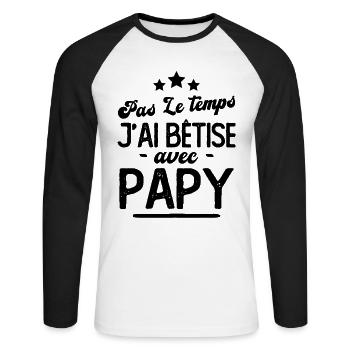 Pas le temps j'ai bêtise avec papy - T-shirt baseball manches longues Homme - blanc/noir - Devant - Nik (191cm)