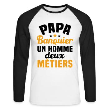 Papa Banquier un homme deux métiers - T-shirt baseball manches longues Homme - blanc/noir - Devant - Nik (191cm)