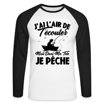 Dans Ma Tête Je Pêche, Cadeau Humour Pêcheur - T-shirt baseball manches longues Homme - blanc/noir - Devant - Nik (191cm)