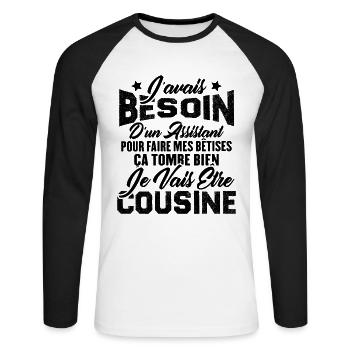 Je vais être cousine, Cadeau pour future cousine - T-shirt baseball manches longues Homme - blanc/noir - Devant - Nik (191cm)