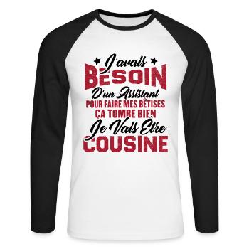 Je vais être cousine, Cadeau pour future cousine - T-shirt baseball manches longues Homme - blanc/noir - Devant - Nik (191cm)