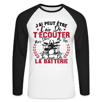 Dans Ma Tête Je Joue De La Batterie Batteur Cadeau - T-shirt baseball manches longues Homme - blanc/noir - Devant - Nik (191cm)