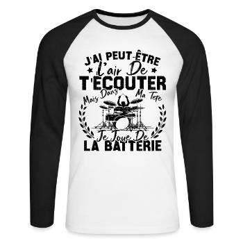 Dans Ma Tête Je Joue De La Batterie Batteur Cadeau - T-shirt baseball manches longues Homme - blanc/noir - Devant - Nik (191cm)