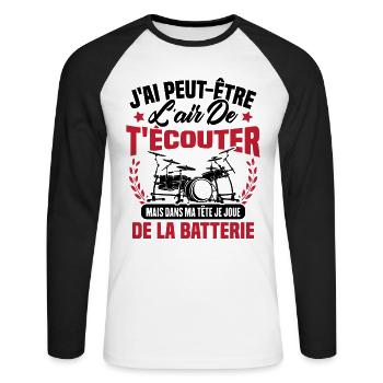 Dans Ma Tête Je Joue De La Batterie Batteur Cadeau - T-shirt baseball manches longues Homme - blanc/noir - Devant - Nik (191cm)