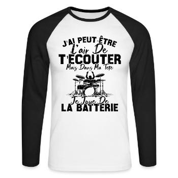 Dans Ma Tête Je Joue De La Batterie Batteur Cadeau - T-shirt baseball manches longues Homme - blanc/noir - Devant - Nik (191cm)