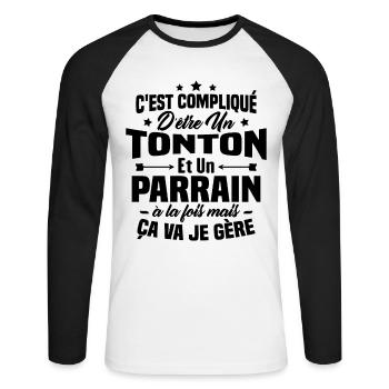 C'est compliqué d'être un tonton et un parrain - T-shirt baseball manches longues Homme - blanc/noir - Devant - Nik (191cm)