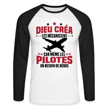 Cadeau humour mécanicien d'avion - T-shirt baseball manches longues Homme - blanc/noir - Devant - Nik (191cm)