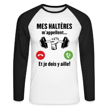 Les haltères musculation m'appellent - T-shirt baseball manches longues Homme - blanc/noir - Devant - Nik (191cm)