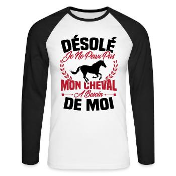 Désolé je ne peux pas mon cheval a besoin de moi - T-shirt baseball manches longues Homme - blanc/noir - Devant - Nik (191cm)