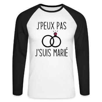 J'peux pas je suis marié / Humour cadeau mariage - T-shirt baseball manches longues Homme - blanc/noir - Devant - Nik (191cm)